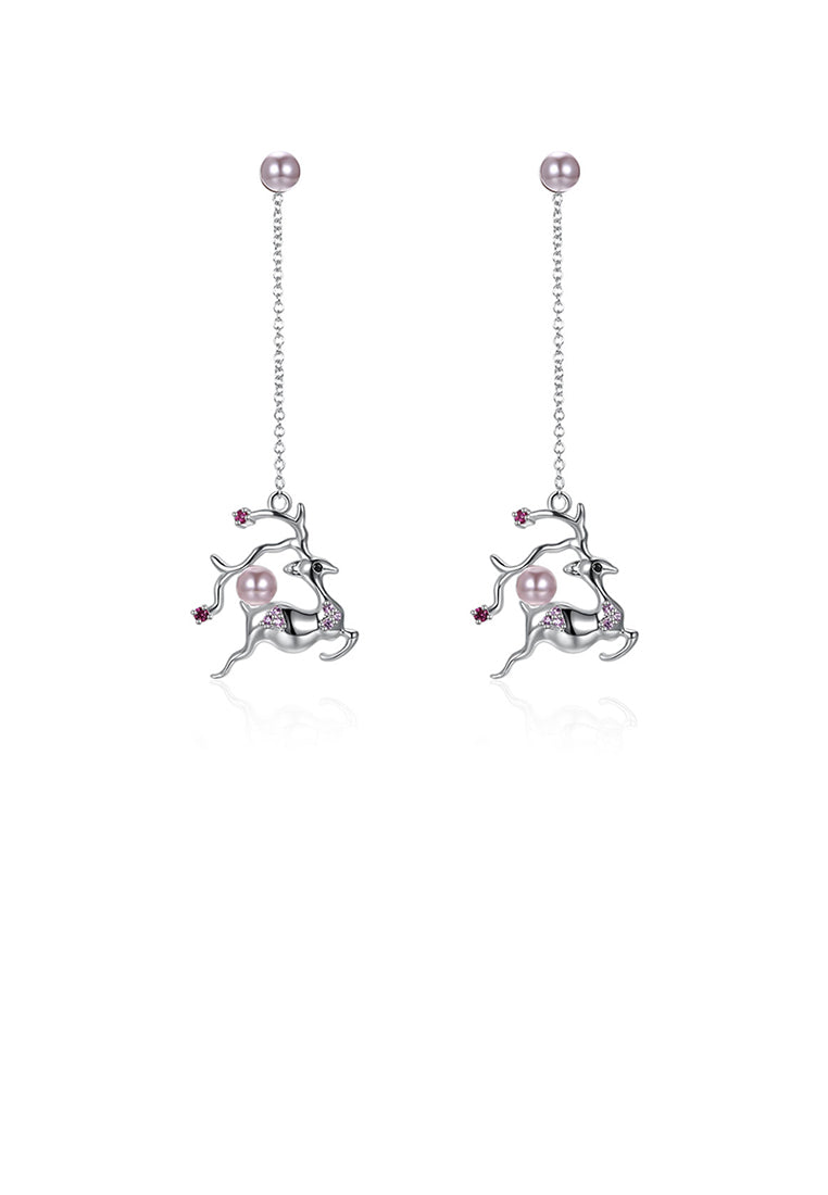 925 Sterling Silver Sika Deer Pearl Tassel Earrings with Austrian Element Crystal - Luxurious Look