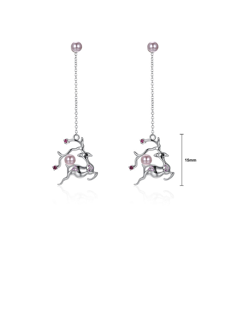925 Sterling Silver Sika Deer Pearl Tassel Earrings with Austrian Element Crystal - Luxurious Look