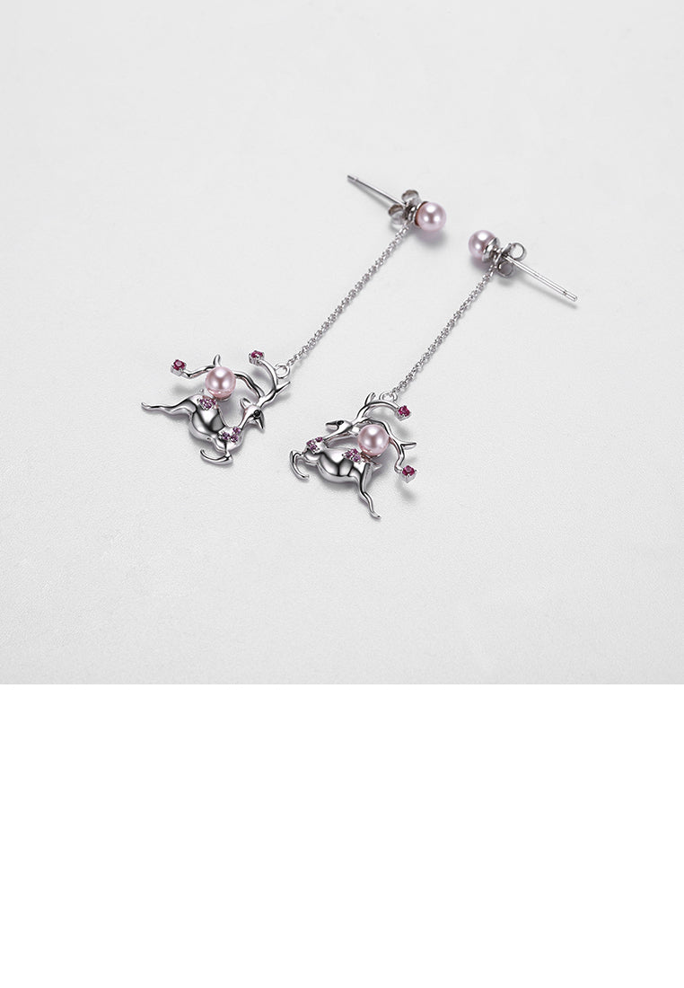925 Sterling Silver Sika Deer Pearl Tassel Earrings with Austrian Element Crystal - Luxurious Look