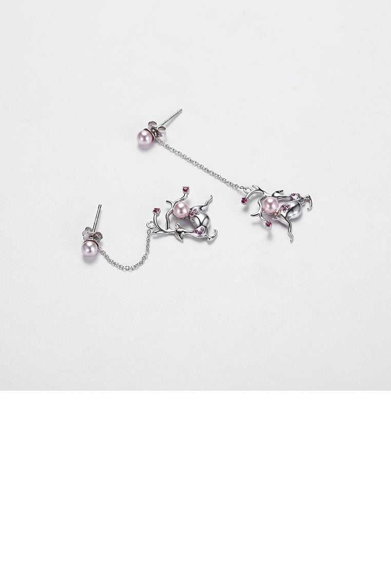 925 Sterling Silver Sika Deer Pearl Tassel Earrings with Austrian Element Crystal - Luxurious Look