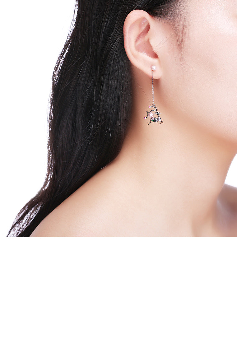 925 Sterling Silver Sika Deer Pearl Tassel Earrings with Austrian Element Crystal - Luxurious Look