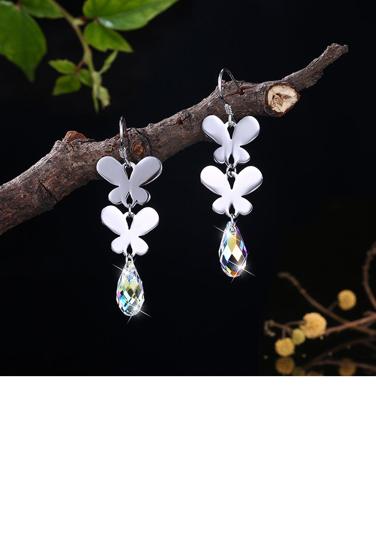 925 Sterling Silver Elegant Romantic Butterfly Earrings with Multicolor Austrian Element Crystal