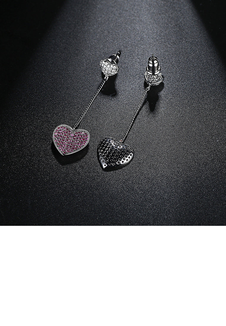 Simple and Romantic Plated Black Heart-shaped Tassel Earrings with Rose Red Cubic Zirconia - Luxurious Look - Vibrant Color