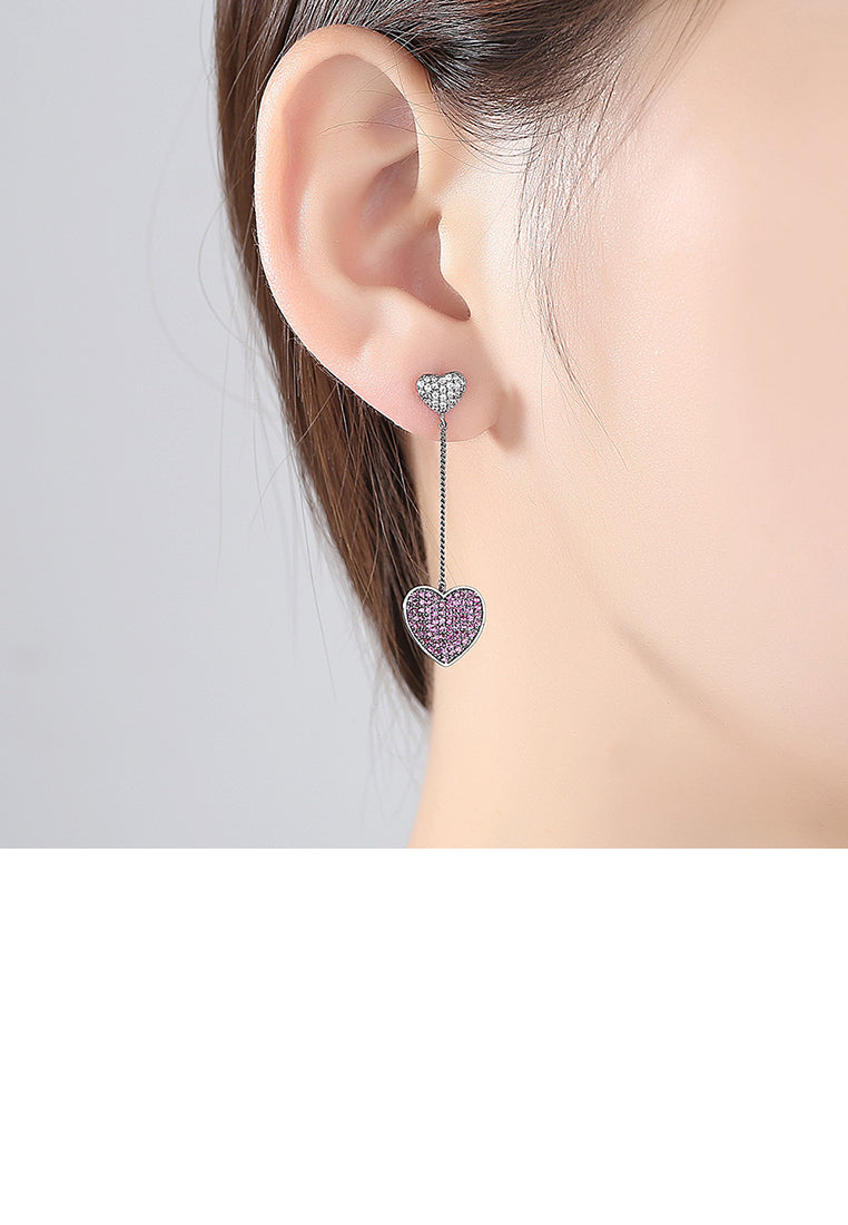 Simple and Romantic Plated Black Heart-shaped Tassel Earrings with Rose Red Cubic Zirconia - Luxurious Look - Vibrant Color