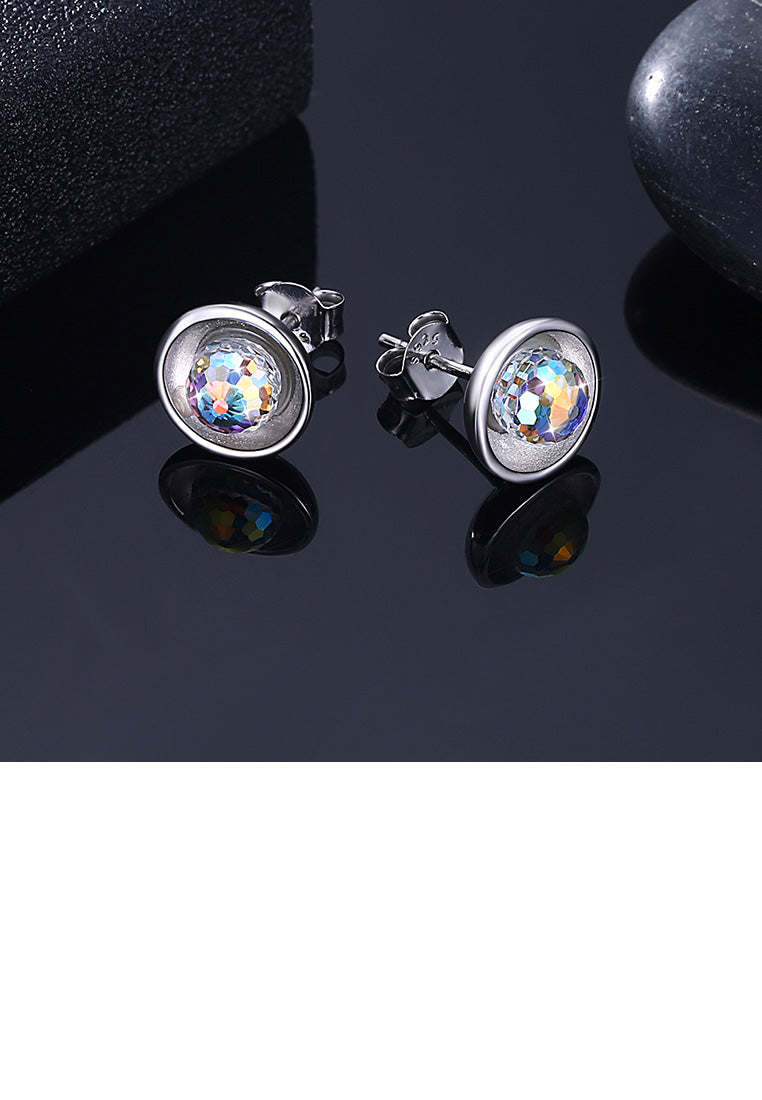 925 Sterling Silver Simple Elegant Round Austrian Element Crystal Stud Earrings