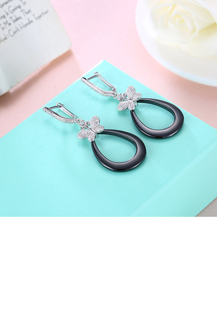 925 Sterling Silver Elegant Butterfly Black Earrings with Austrian Element Crystal