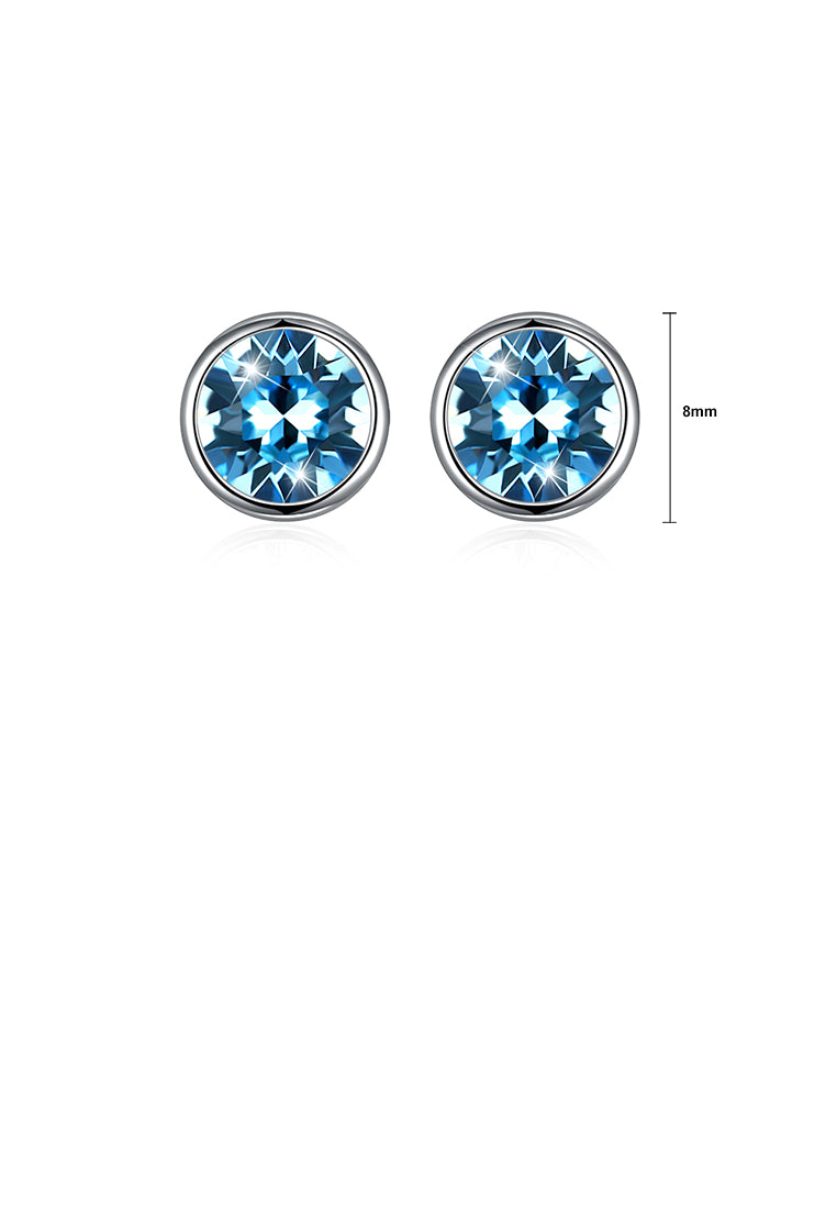 925 Sterling Silver Simple Round Stud Earrings with Blue Austrian Element Crystal