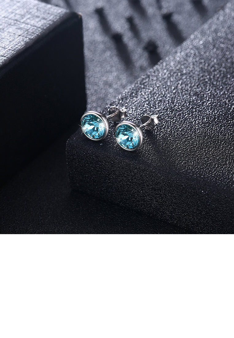925 Sterling Silver Simple Round Stud Earrings with Blue Austrian Element Crystal