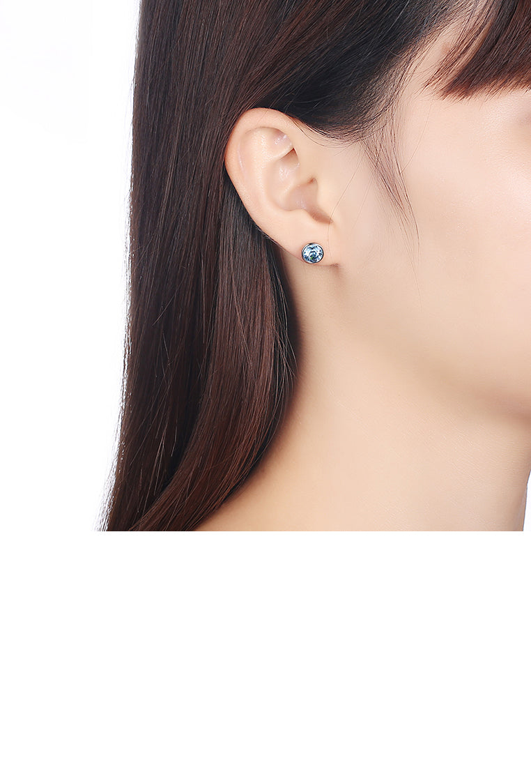 925 Sterling Silver Simple Round Stud Earrings with Blue Austrian Element Crystal