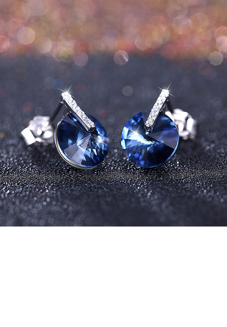925 Sterling Silver Simple Fashion Blue Austrian Element Crystal Geometric Round Stud Earrings