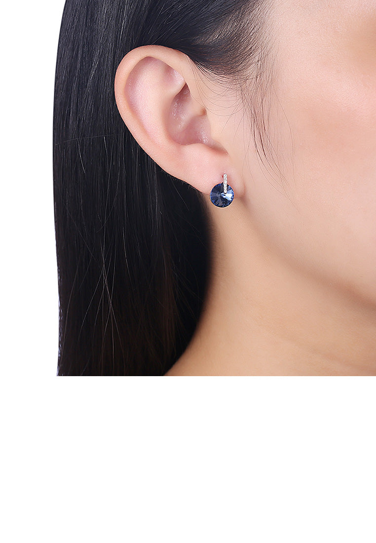 925 Sterling Silver Simple Fashion Blue Austrian Element Crystal Geometric Round Stud Earrings