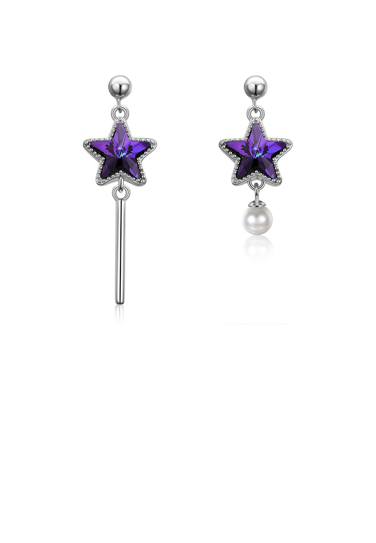 925 Sterling Silver Fashion Elegant Star Asymmetric Tassel Earrings with Pearl and Purple Austrian Element Crystal - Luxurious Look