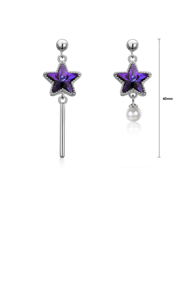 925 Sterling Silver Fashion Elegant Star Asymmetric Tassel Earrings with Pearl and Purple Austrian Element Crystal - Luxurious Look