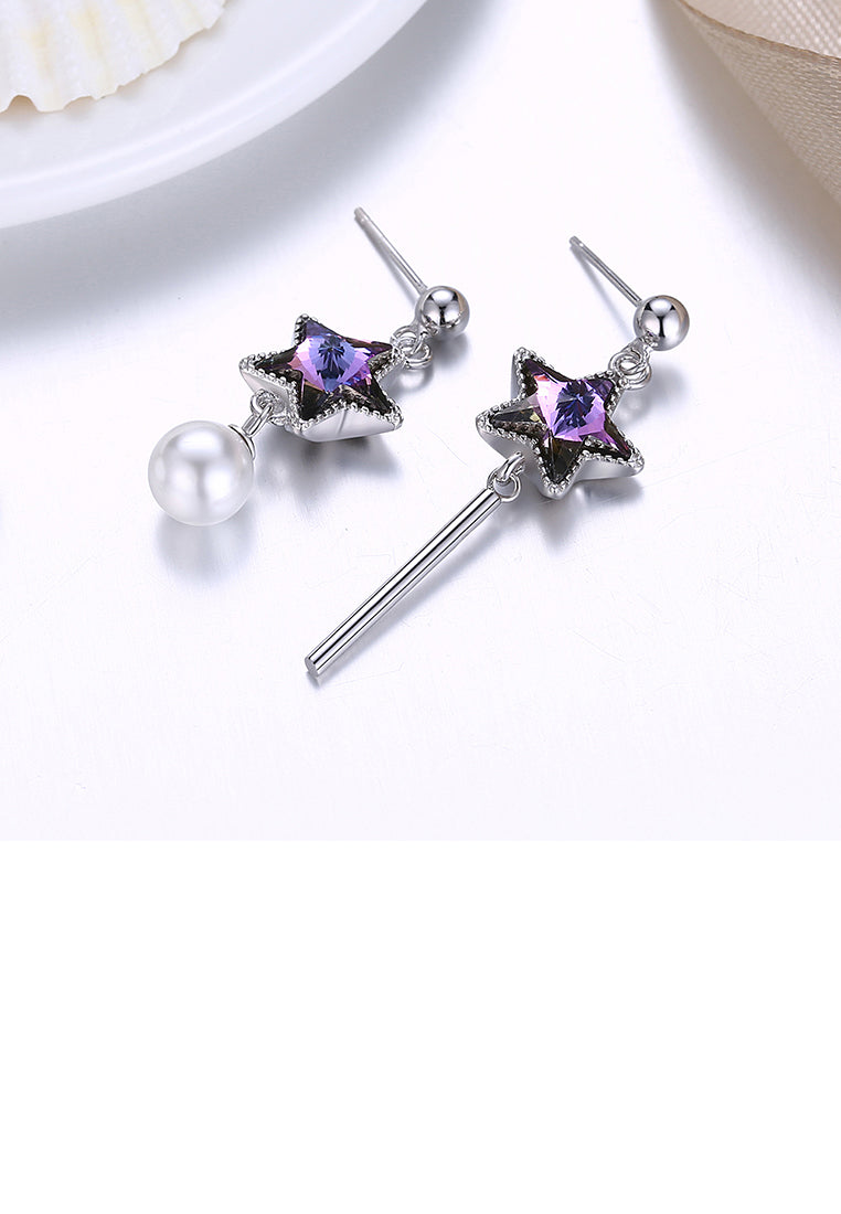 925 Sterling Silver Fashion Elegant Star Asymmetric Tassel Earrings with Pearl and Purple Austrian Element Crystal - Luxurious Look