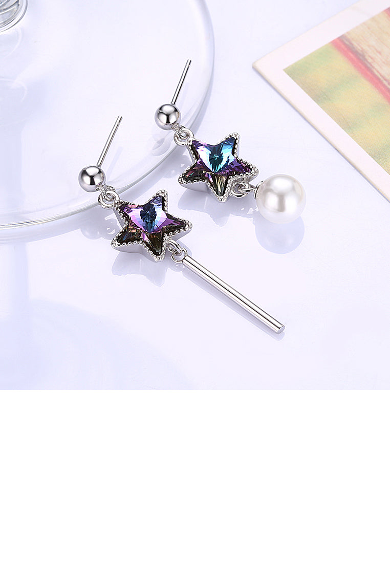 925 Sterling Silver Fashion Elegant Star Asymmetric Tassel Earrings with Pearl and Purple Austrian Element Crystal - Luxurious Look