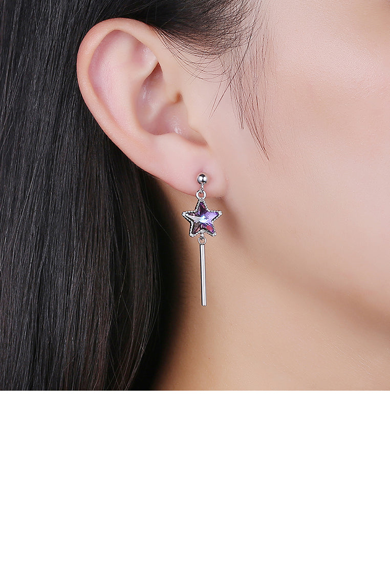 925 Sterling Silver Fashion Elegant Star Asymmetric Tassel Earrings with Pearl and Purple Austrian Element Crystal - Luxurious Look
