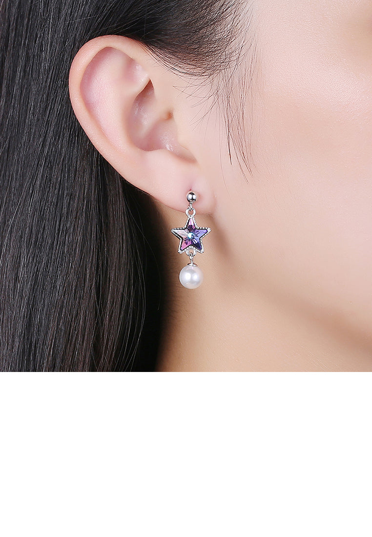 925 Sterling Silver Fashion Elegant Star Asymmetric Tassel Earrings with Pearl and Purple Austrian Element Crystal - Luxurious Look