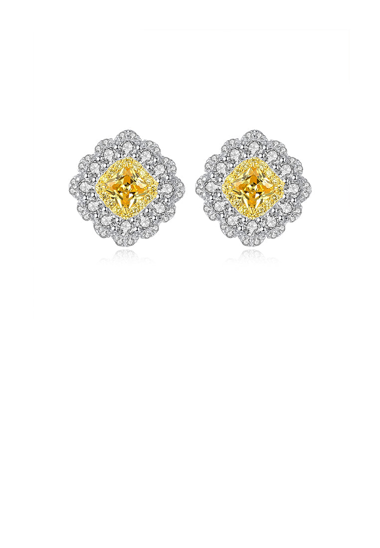 925 Sterling Silver Fashion Elegant Geometric Square Yellow Cubic Zirconia Stud Earrings - Luxurious Look