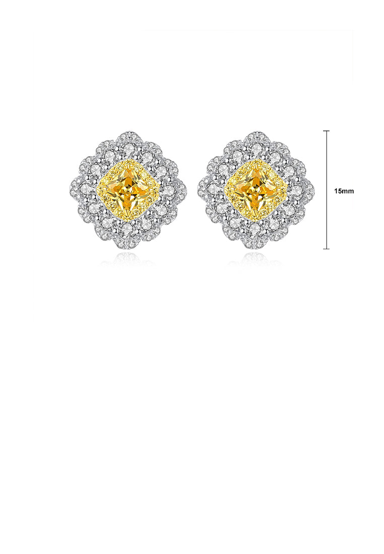 925 Sterling Silver Fashion Elegant Geometric Square Yellow Cubic Zirconia Stud Earrings - Luxurious Look