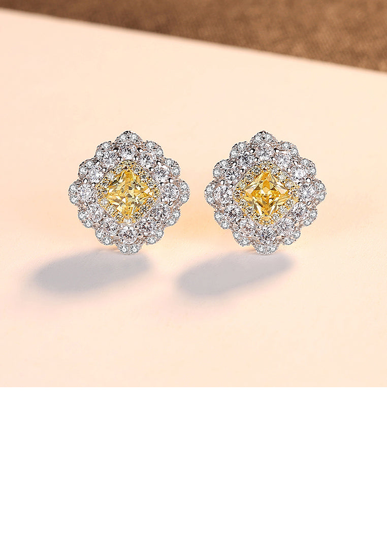 925 Sterling Silver Fashion Elegant Geometric Square Yellow Cubic Zirconia Stud Earrings - Luxurious Look