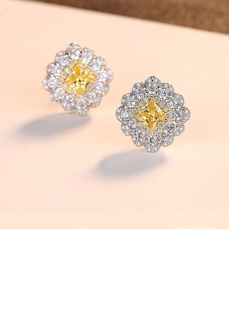 925 Sterling Silver Fashion Elegant Geometric Square Yellow Cubic Zirconia Stud Earrings - Luxurious Look