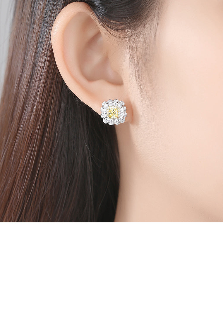 925 Sterling Silver Fashion Elegant Geometric Square Yellow Cubic Zirconia Stud Earrings - Luxurious Look
