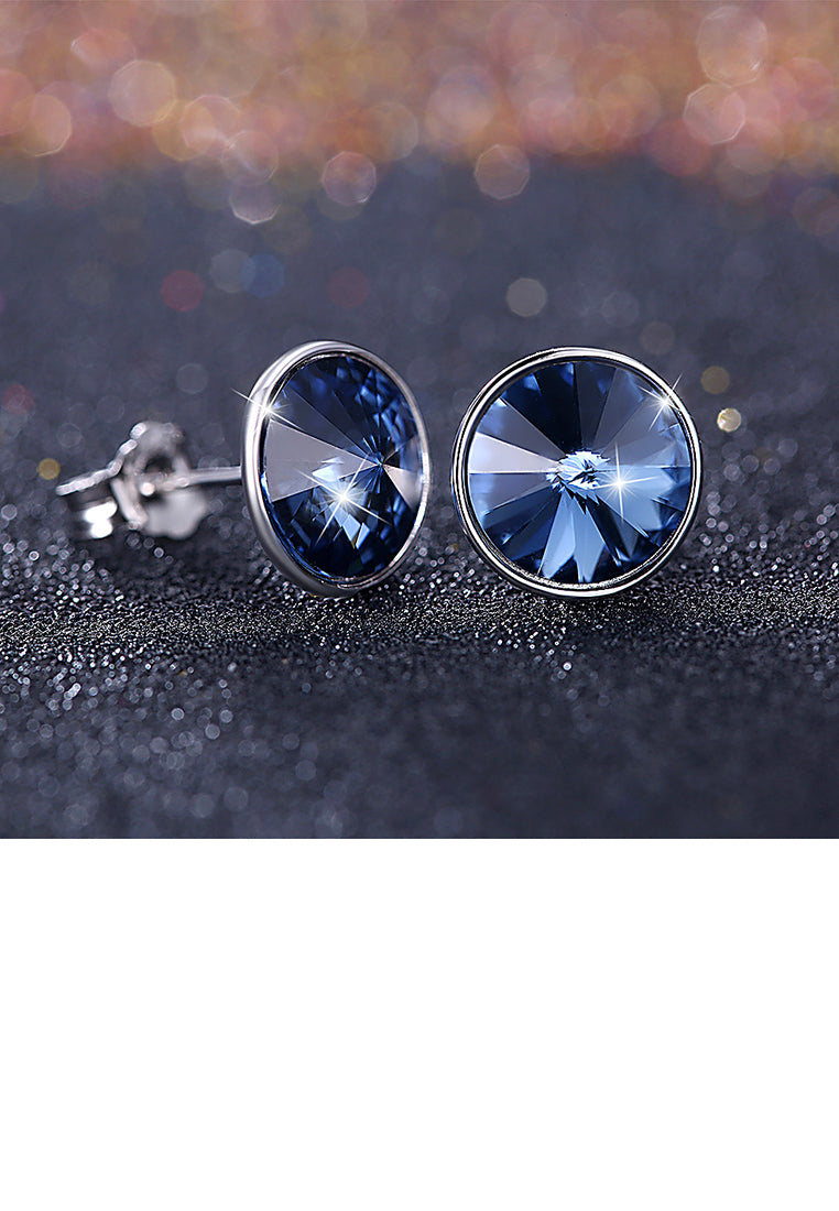925 Sterling Silver Simple Fashion Blue Austrian Element Crystal Round Stud Earrings