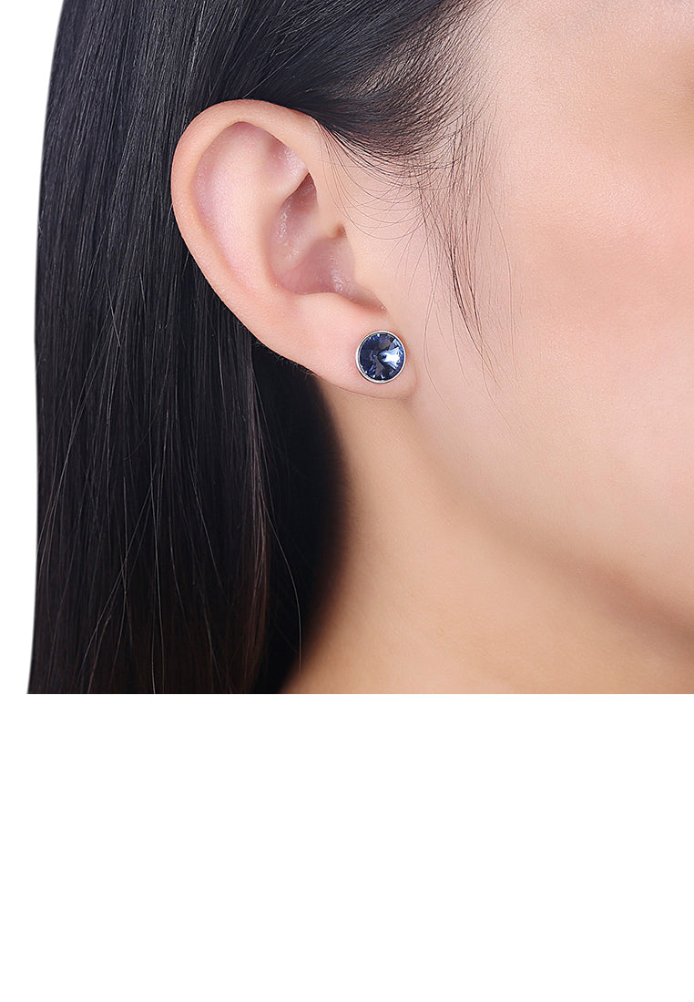 925 Sterling Silver Simple Fashion Blue Austrian Element Crystal Round Stud Earrings