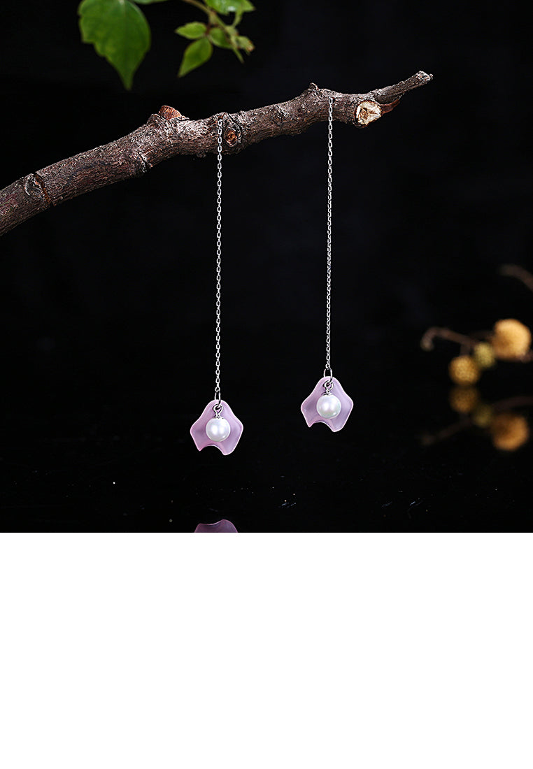 925 Sterling Silver Elegant Fashion Pink Long Shell Pearl Earrings and Ear Wire - Luxurious Look - Vibrant Color