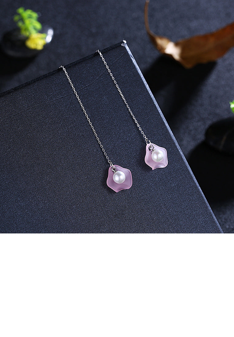 925 Sterling Silver Elegant Fashion Pink Long Shell Pearl Earrings and Ear Wire - Luxurious Look - Vibrant Color