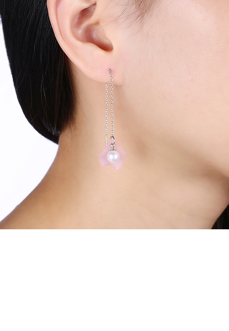 925 Sterling Silver Elegant Fashion Pink Long Shell Pearl Earrings and Ear Wire - Luxurious Look - Vibrant Color