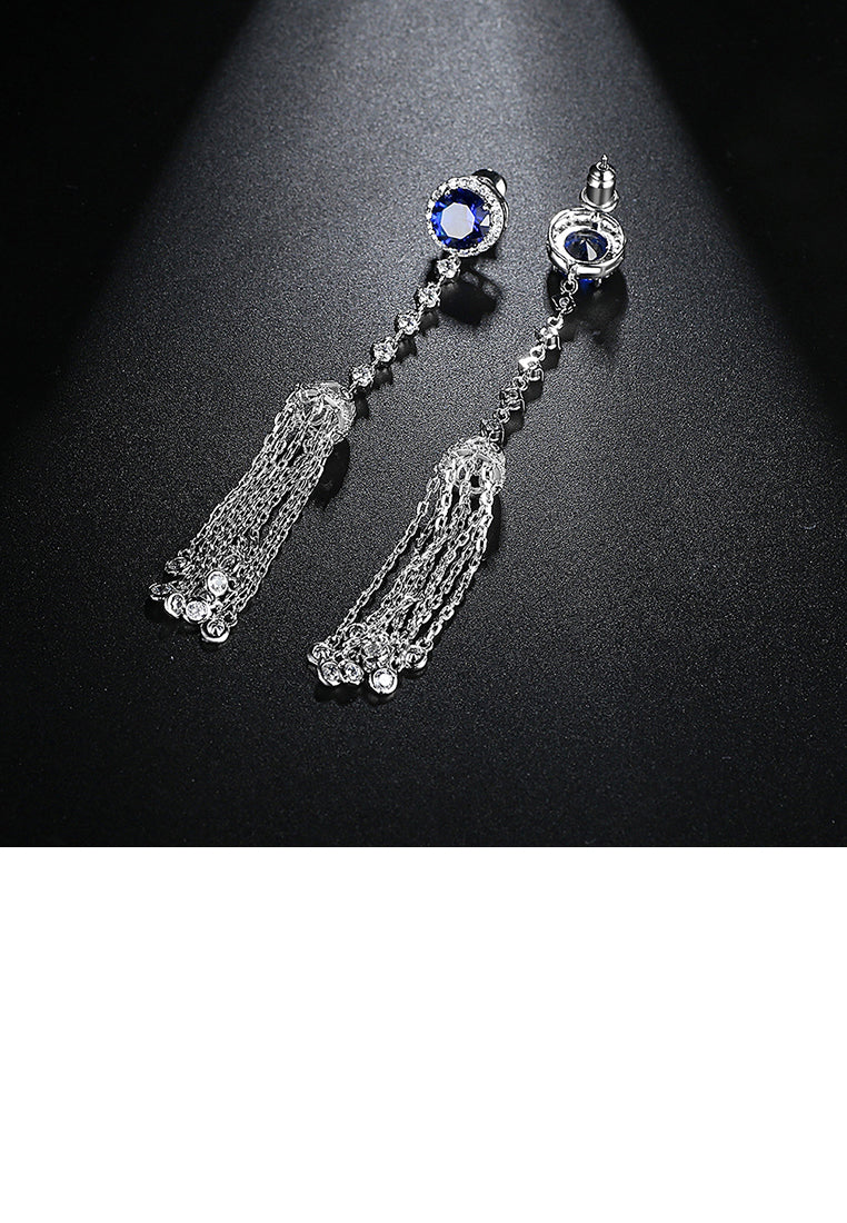 Simple and Elegant Geometric Round Tassel Earrings with Blue Cubic Zirconia - Luxurious Look
