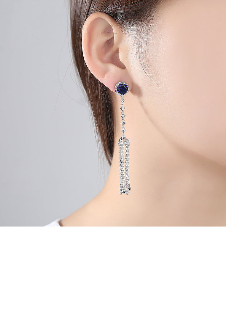 Simple and Elegant Geometric Round Tassel Earrings with Blue Cubic Zirconia - Luxurious Look