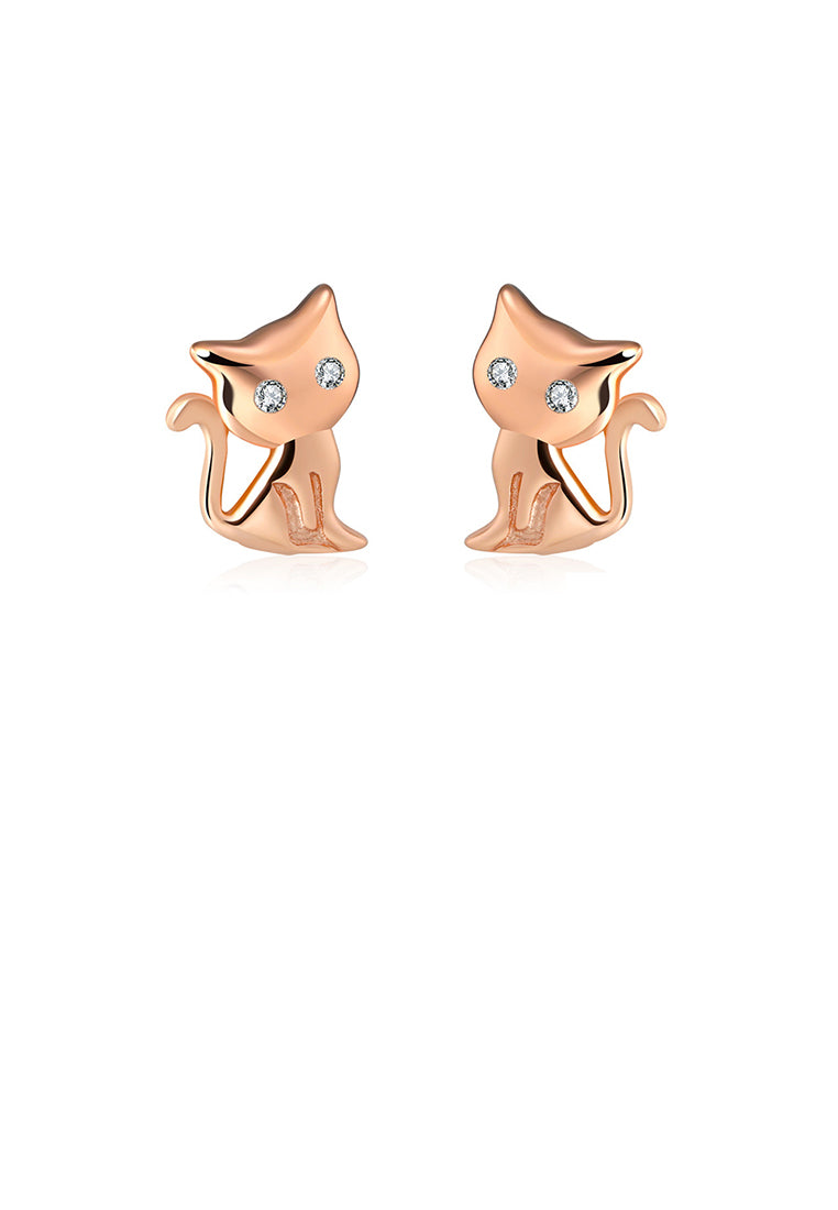 925 Sterling Silver Plated Rose Gold Simple Cute Cat Stud Earrings with Cubic Zirconia - Luxurious Look