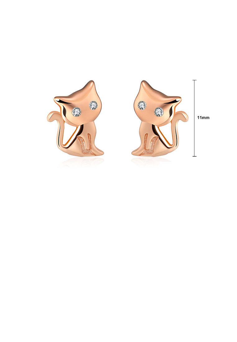 925 Sterling Silver Plated Rose Gold Simple Cute Cat Stud Earrings with Cubic Zirconia - Luxurious Look