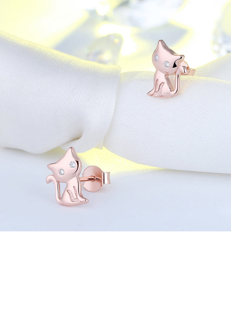 925 Sterling Silver Plated Rose Gold Simple Cute Cat Stud Earrings with Cubic Zirconia - Luxurious Look