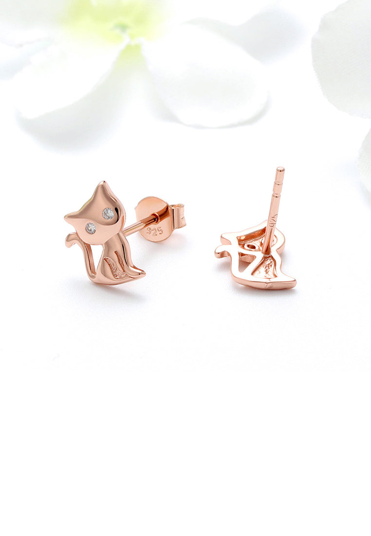 925 Sterling Silver Plated Rose Gold Simple Cute Cat Stud Earrings with Cubic Zirconia - Luxurious Look