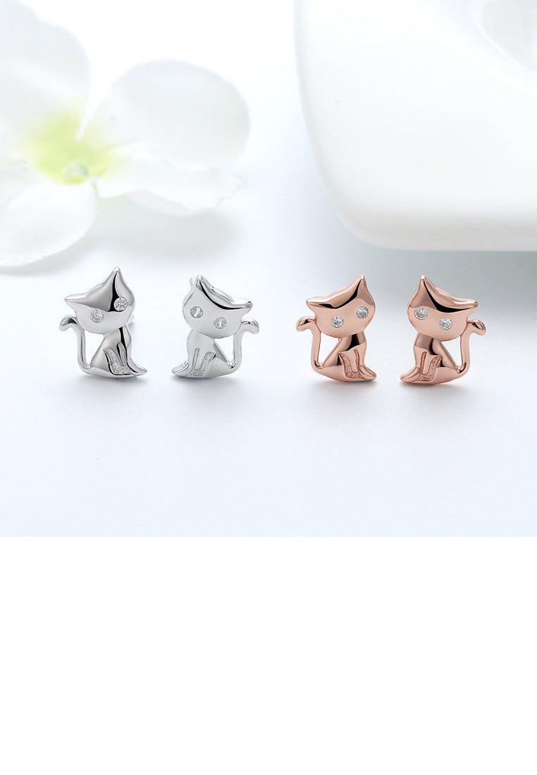 925 Sterling Silver Plated Rose Gold Simple Cute Cat Stud Earrings with Cubic Zirconia - Luxurious Look