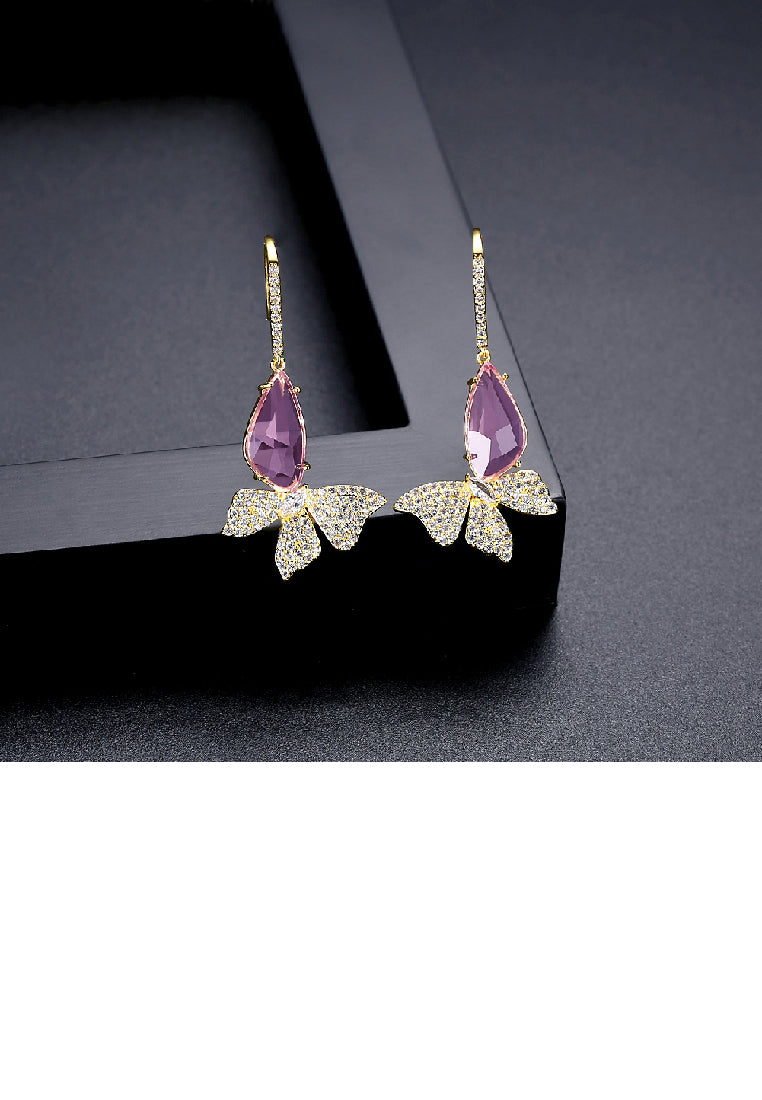 Fashion Elegant Plated Gold Butterfly Earrings with Purple Cubic Zirconia - Luxurious Look