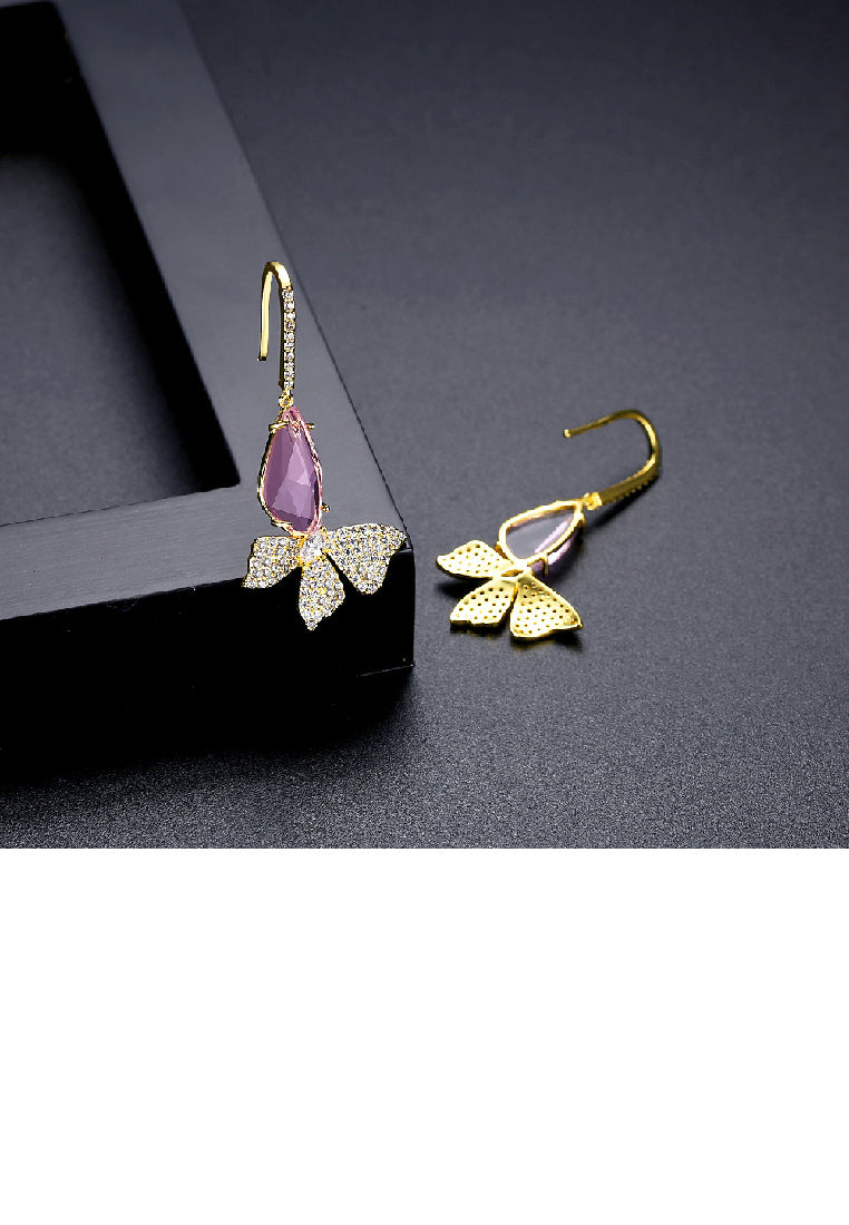 Fashion Elegant Plated Gold Butterfly Earrings with Purple Cubic Zirconia - Luxurious Look