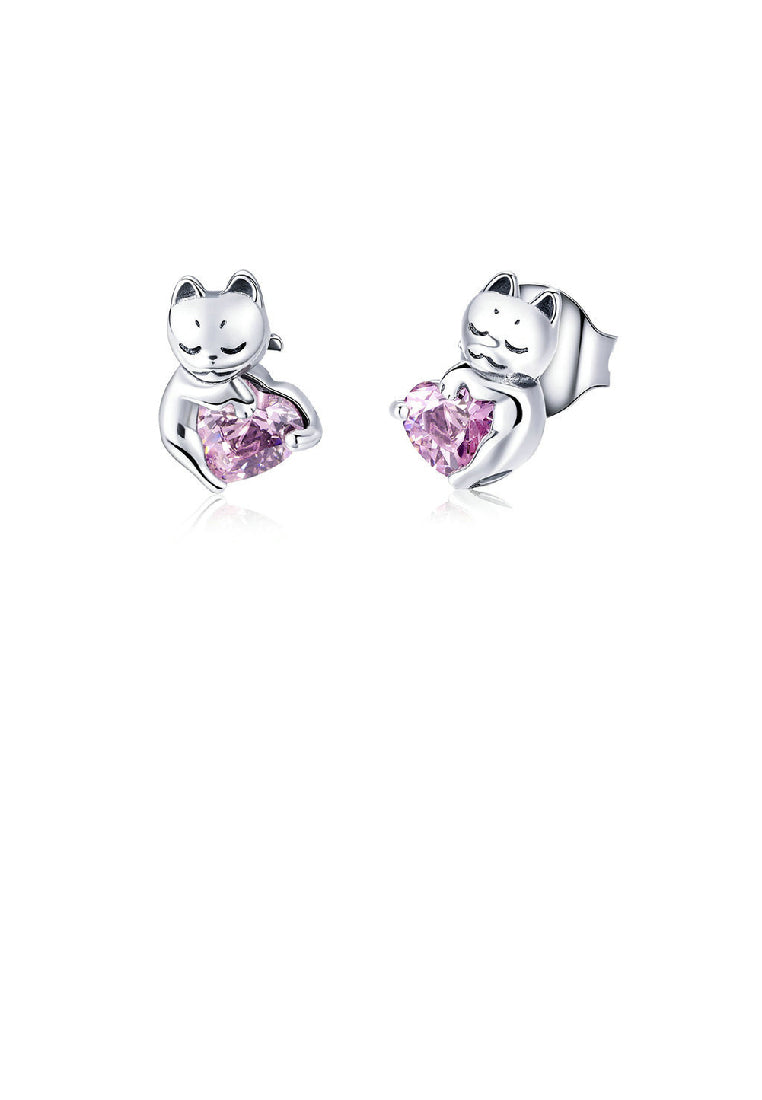 925 Sterling Silver Fashion Cute Cat Heart Shaped Cubic Zirconia Stud Earrings - Luxurious Look