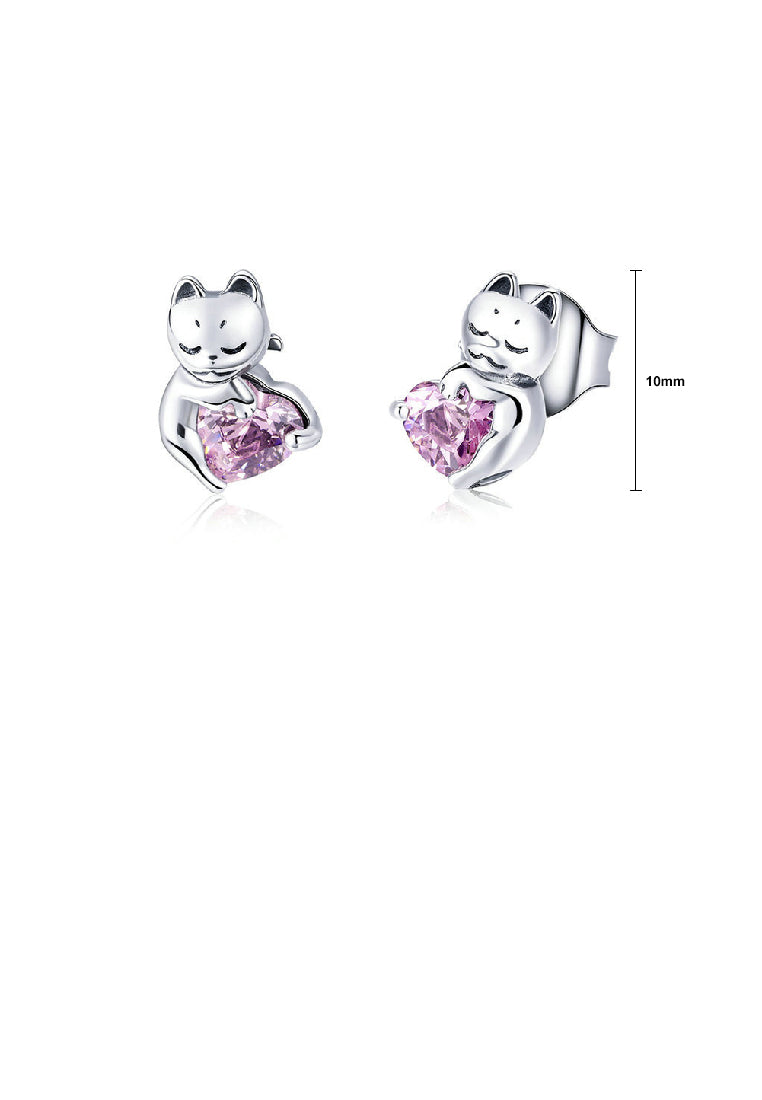 925 Sterling Silver Fashion Cute Cat Heart Shaped Cubic Zirconia Stud Earrings - Luxurious Look