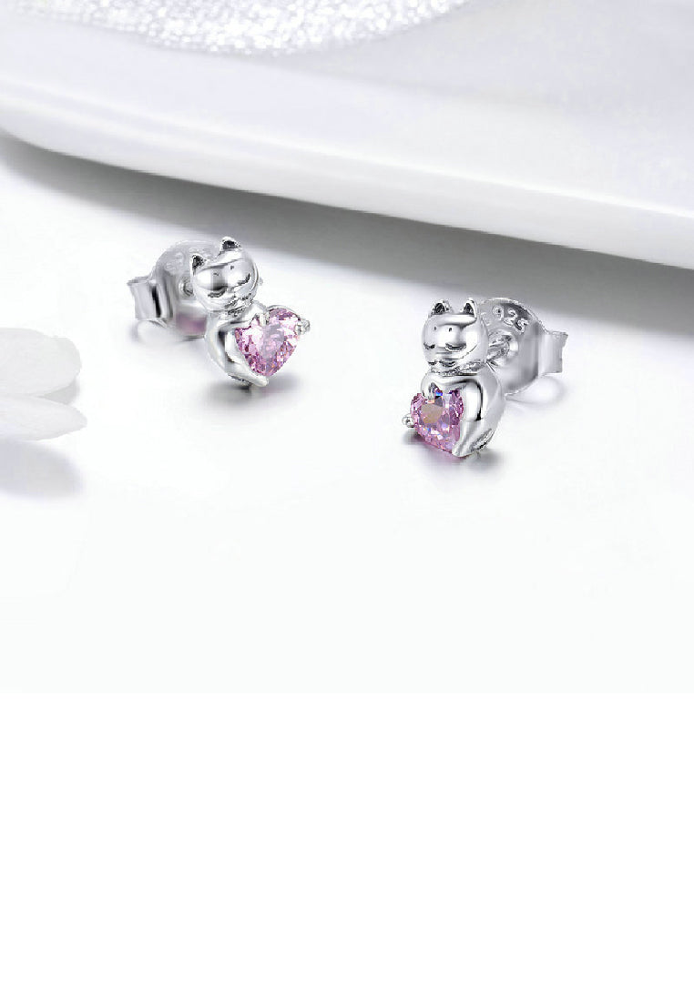 925 Sterling Silver Fashion Cute Cat Heart Shaped Cubic Zirconia Stud Earrings - Luxurious Look