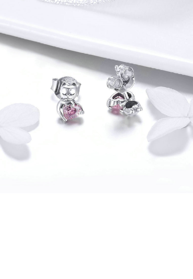 925 Sterling Silver Fashion Cute Cat Heart Shaped Cubic Zirconia Stud Earrings - Luxurious Look