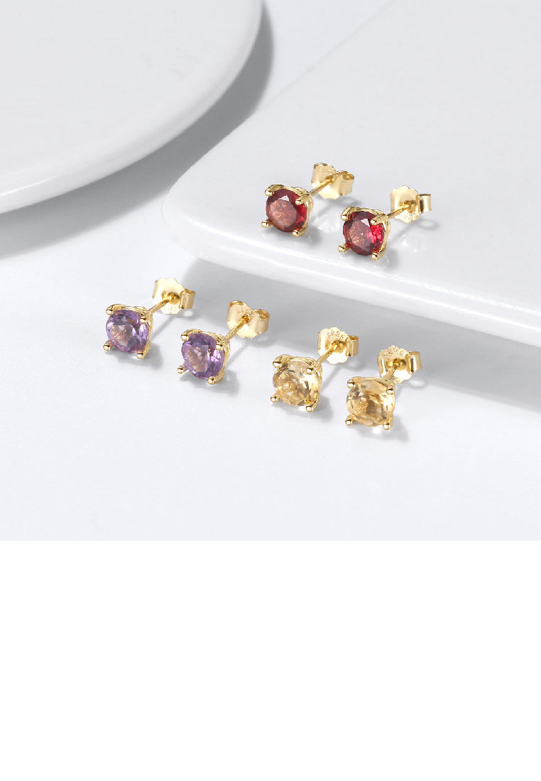 925 Sterling Silver Plated Gold Simple Fashion Geometric Round Yellow Cubic Zirconia Stud Earrings - Luxurious Look