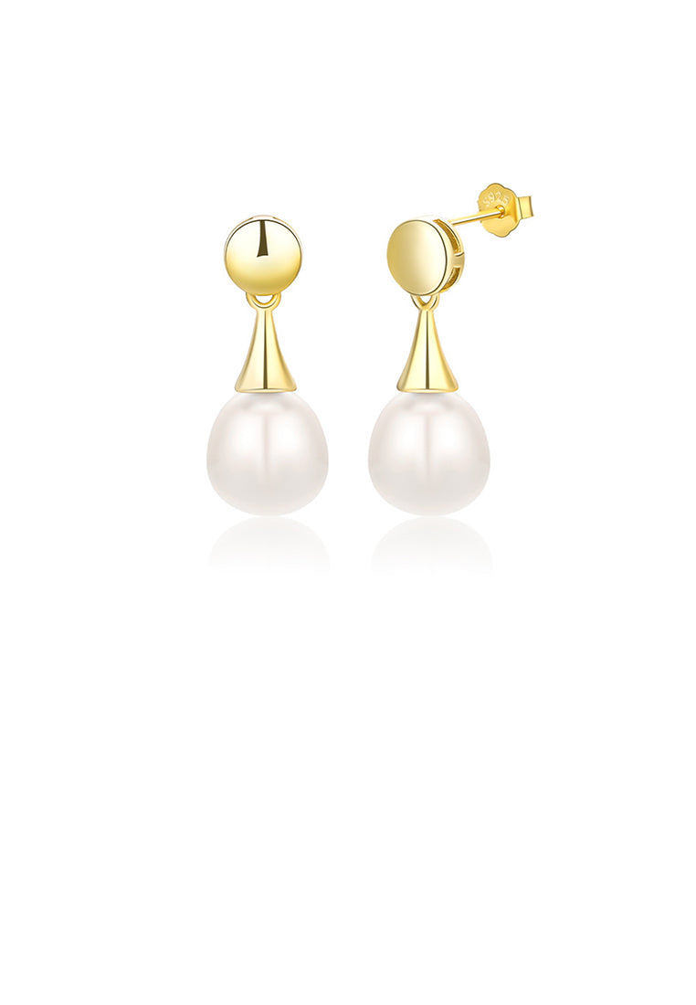 925 Sterling Silver Plated Gold Fashion Temperament Geometric Round Earrings with Freshwater Pearls
