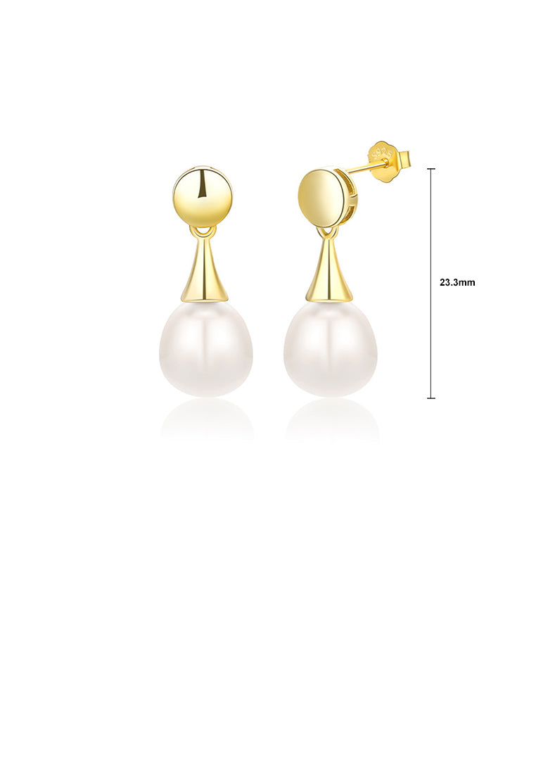925 Sterling Silver Plated Gold Fashion Temperament Geometric Round Earrings with Freshwater Pearls