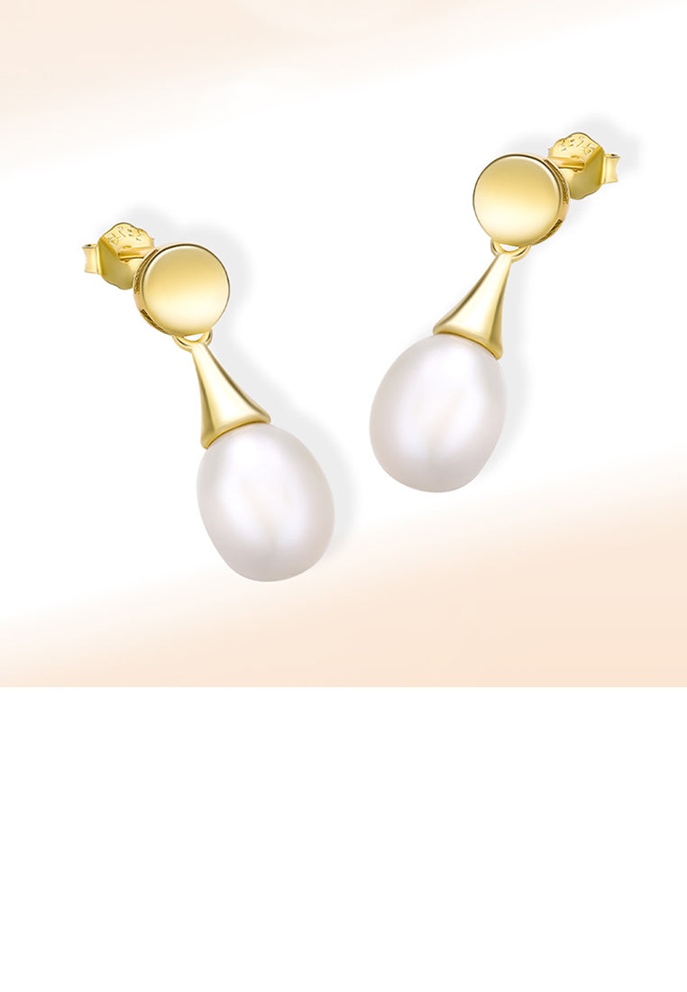 925 Sterling Silver Plated Gold Fashion Temperament Geometric Round Earrings with Freshwater Pearls