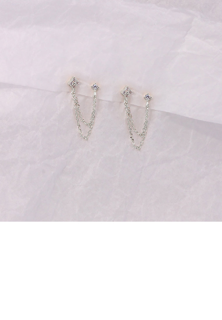 925 Sterling Silver Simple Personality Geometric Tassel Double Stud Earrings with Cubic Zirconia - Luxurious Look