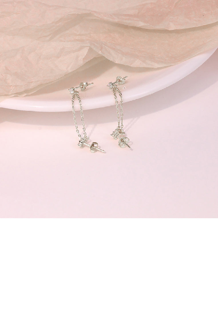 925 Sterling Silver Simple Personality Geometric Tassel Double Stud Earrings with Cubic Zirconia - Luxurious Look